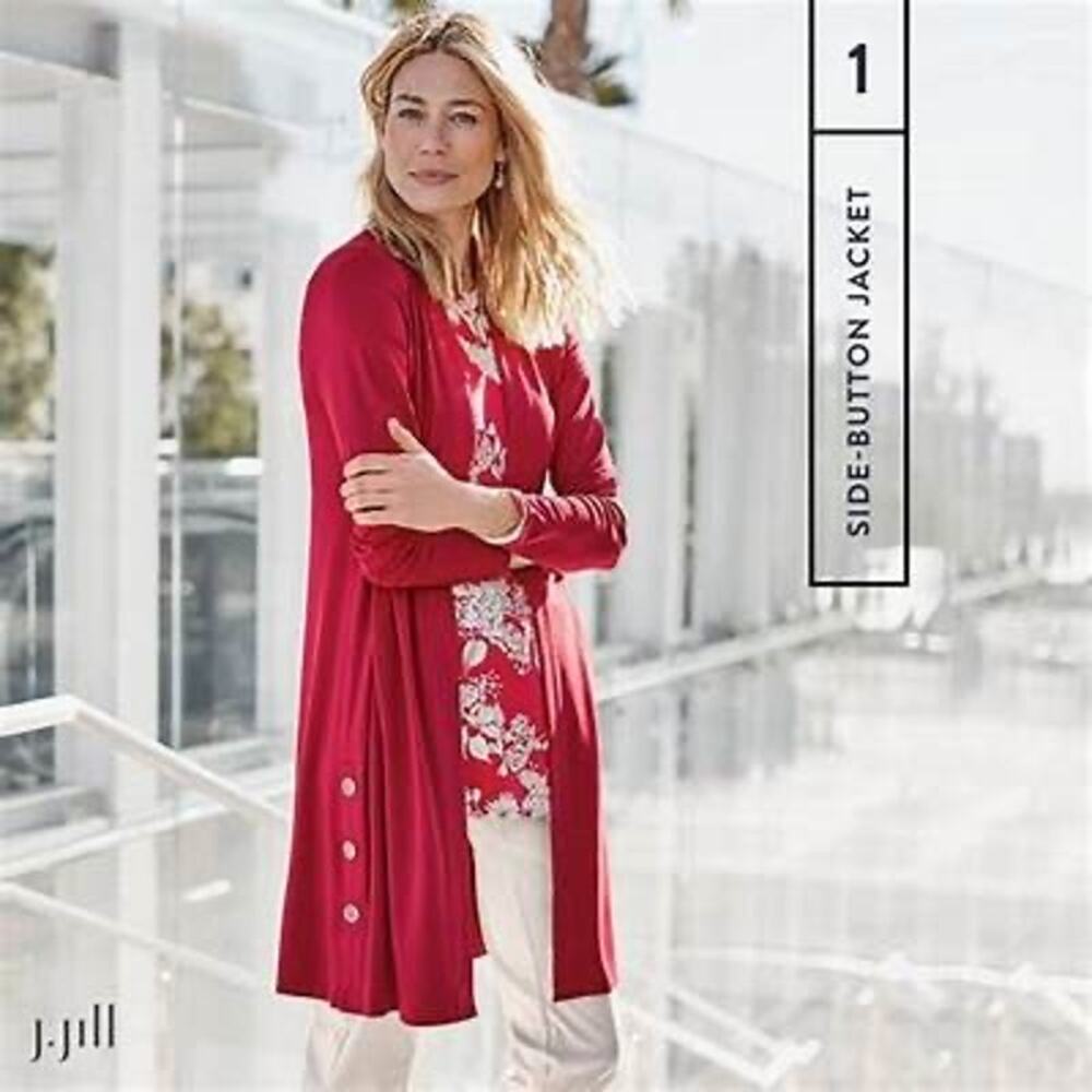 J. Jill Wearever Grenadine Red Open Front Duster Cardigan Sweater Size M